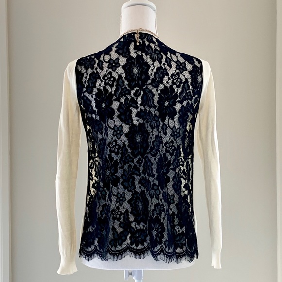Saks White Button-up Cardigan with Black Lace - Picture 3 of 6